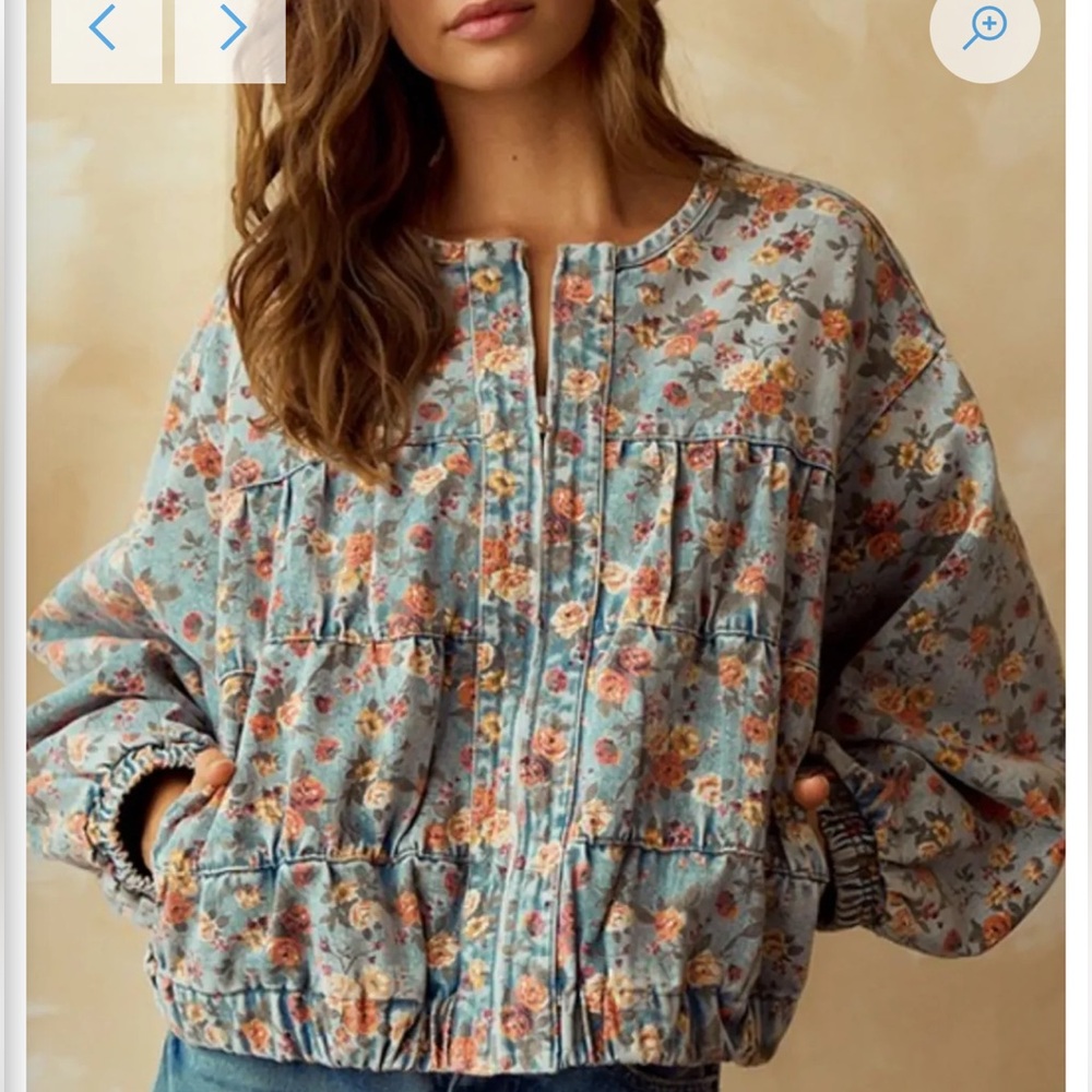 Hazel Blues Floral Light Blue Cropped Zip-Up Denim Jacket - Women's Jean Jacket